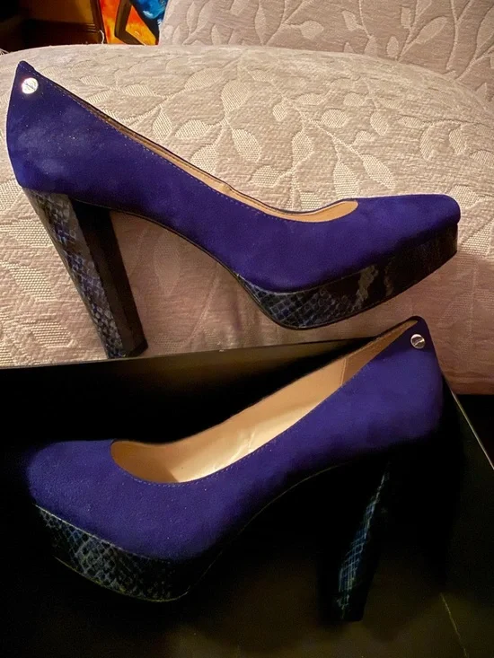 Calvin Klein Blue Suede High Heel Pumps with Textured Platform - Picture 13 of 16